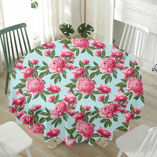 Pink Peony Pattern Print Waterproof Round Tablecloth