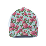 Pink Peony Pattern Print White Mesh Trucker Cap