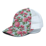 Pink Peony Pattern Print White Mesh Trucker Cap