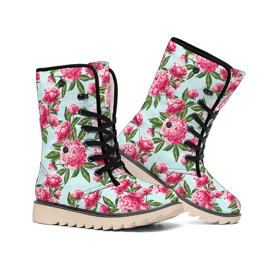 Pink Peony Pattern Print Winter Boots