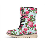 Pink Peony Pattern Print Winter Boots