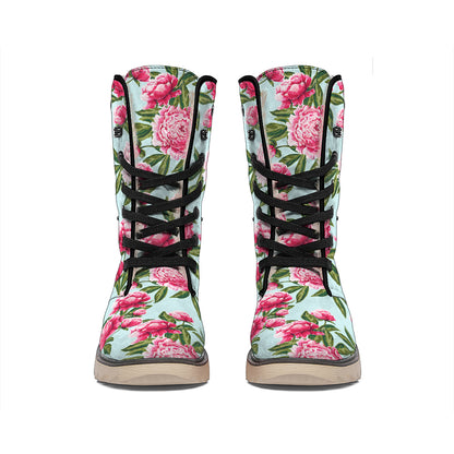 Pink Peony Pattern Print Winter Boots