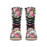 Pink Peony Pattern Print Winter Boots