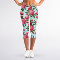 Pink Peony Pattern Print Women's Capri Leggings