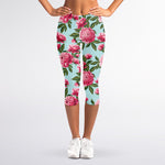 Pink Peony Pattern Print Women's Capri Leggings