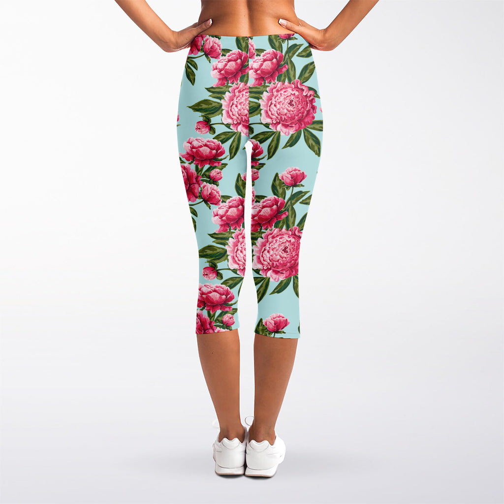 Pink Peony Pattern Print Women's Capri Leggings