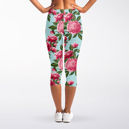 Pink Peony Pattern Print Women's Capri Leggings