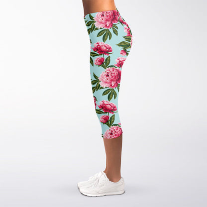 Pink Peony Pattern Print Women's Capri Leggings