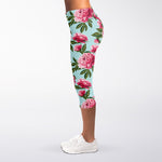 Pink Peony Pattern Print Women's Capri Leggings