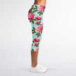 Pink Peony Pattern Print Women's Capri Leggings