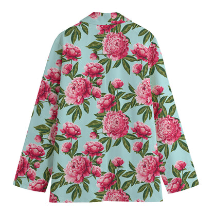 Pink Peony Pattern Print Women's Cotton Blazer