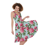 Pink Peony Pattern Print Women's Sleeveless Dress