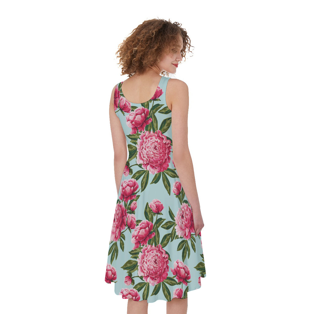Pink Peony Pattern Print Women's Sleeveless Dress