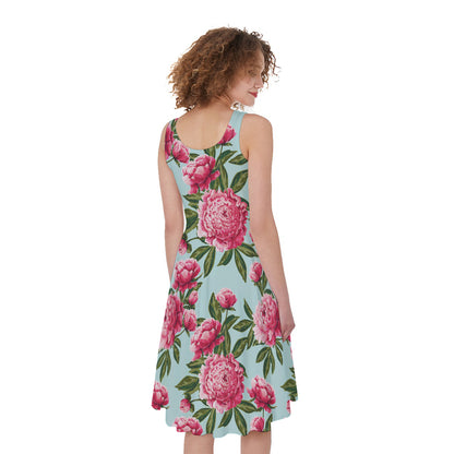 Pink Peony Pattern Print Women's Sleeveless Dress