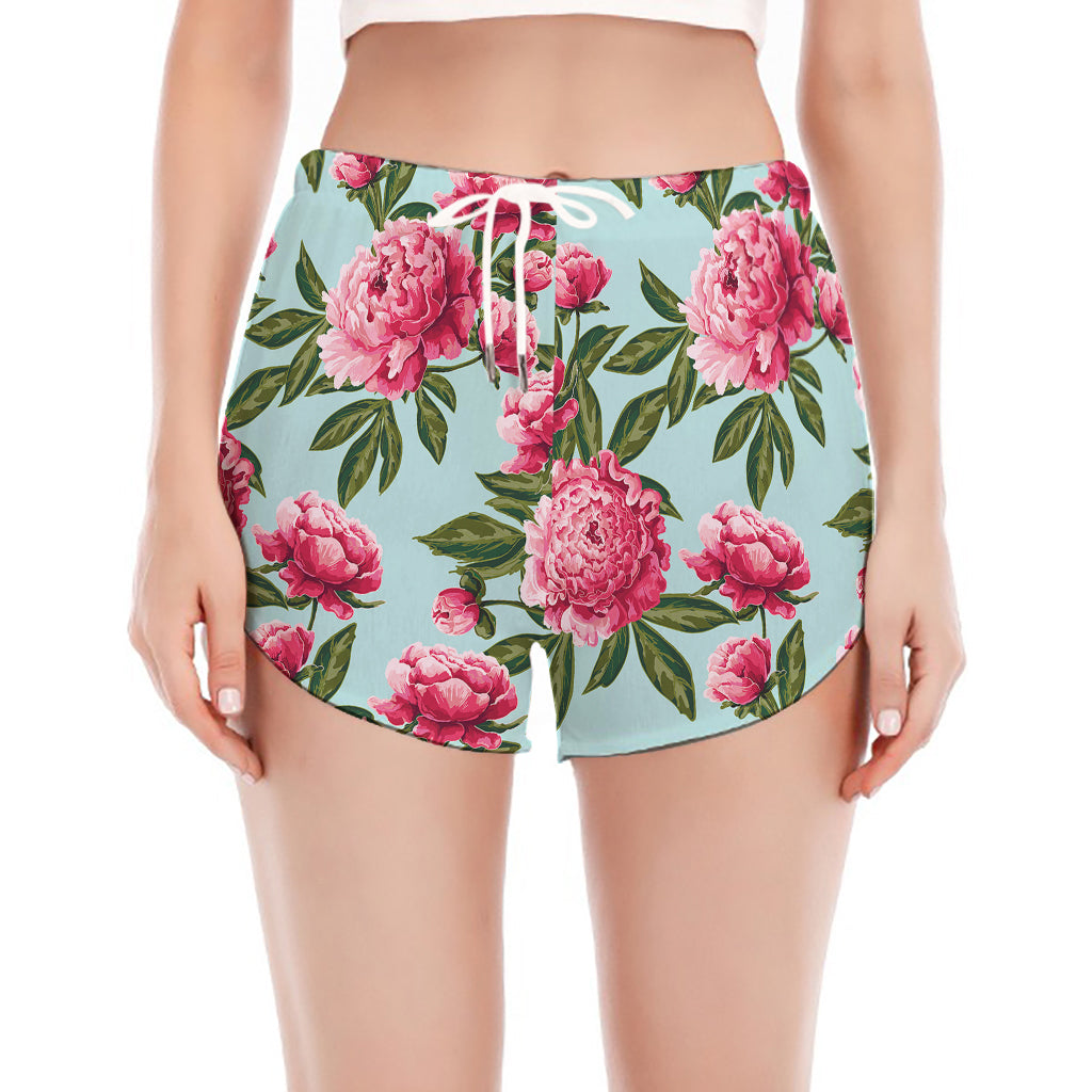 Pink Peony Pattern Print Women's Split Running Shorts