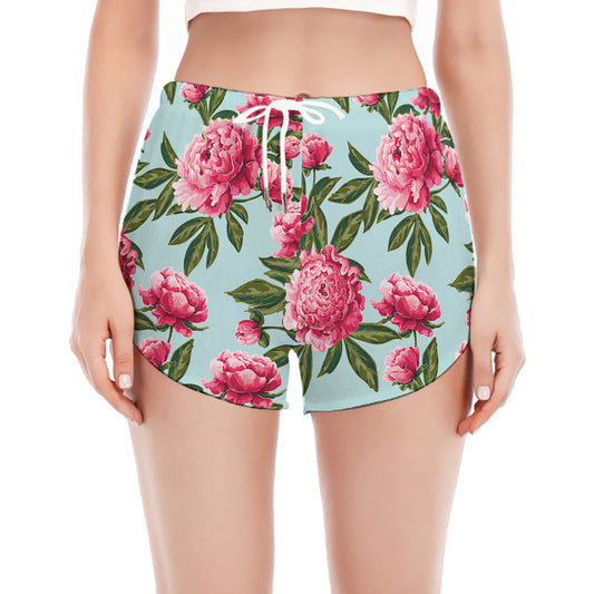 Pink Peony Pattern Print Women's Split Running Shorts