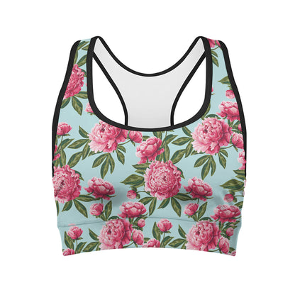 Pink Peony Pattern Print Women's Sports Bra