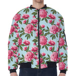 Pink Peony Pattern Print Zip Sleeve Bomber Jacket