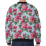 Pink Peony Pattern Print Zip Sleeve Bomber Jacket