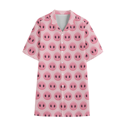 Pink Pig Nose Pattern Print Cotton Hawaiian Shirt
