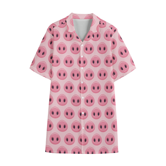 Pink Pig Nose Pattern Print Cotton Hawaiian Shirt