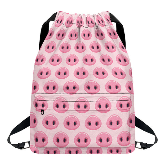 Pink Pig Nose Pattern Print Drawstring Backpack