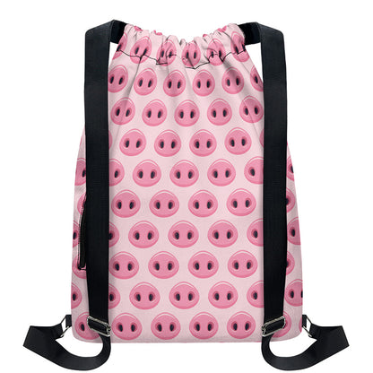 Pink Pig Nose Pattern Print Drawstring Backpack