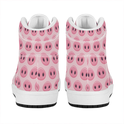 Pink Pig Nose Pattern Print High Top Leather Sneakers
