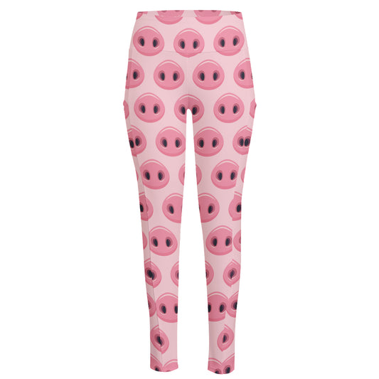 Pink Pig Nose Pattern Print High-Waisted Pocket Leggings