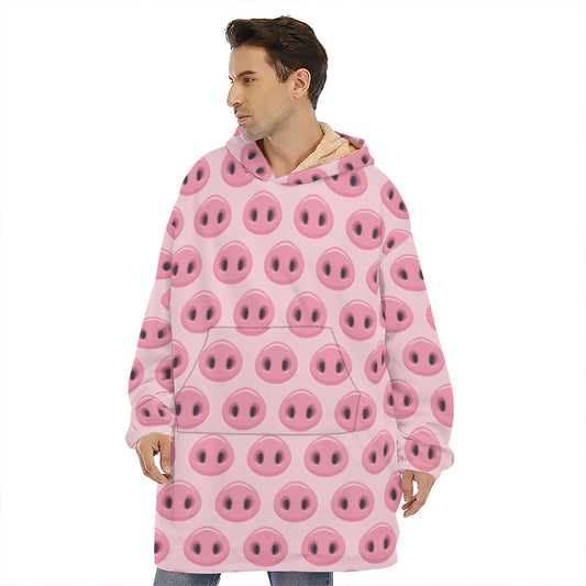 Pink Pig Nose Pattern Print Hoodie Blanket