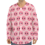 Pink Pig Nose Pattern Print Long Sleeve Baseball Jersey