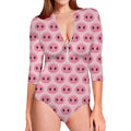 Pink Pig Nose Pattern Print Long Sleeve Swimsuit