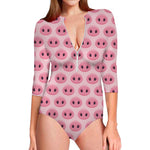 Pink Pig Nose Pattern Print Long Sleeve Swimsuit