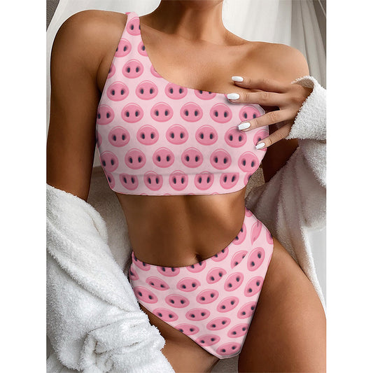 Pink Pig Nose Pattern Print One Shoulder Bikini Top