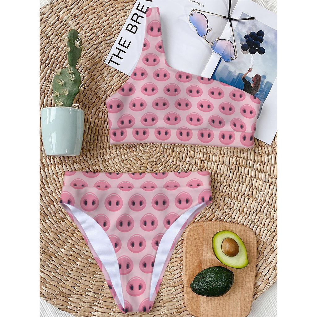 Pink Pig Nose Pattern Print One Shoulder Bikini Top