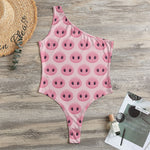 Pink Pig Nose Pattern Print One Shoulder Bodysuit
