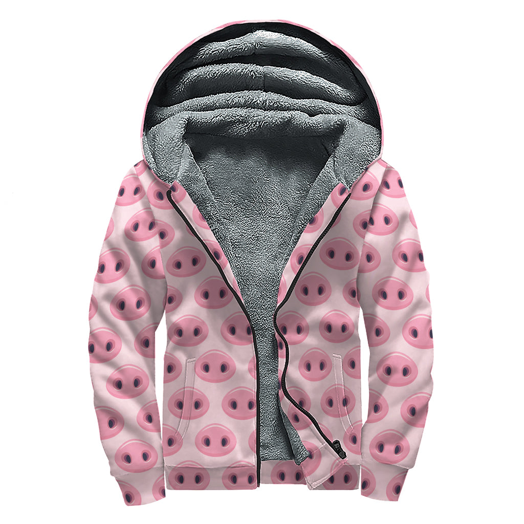 Pink Pig Nose Pattern Print Sherpa Lined Zip Up Hoodie