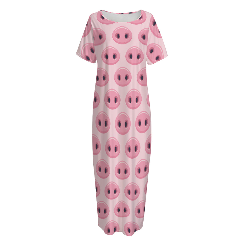 Pink Pig Nose Pattern Print Short Sleeve Long Nightdress