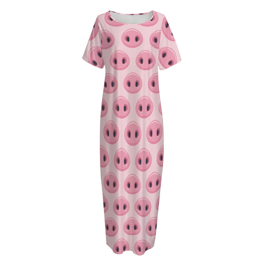 Pink Pig Nose Pattern Print Short Sleeve Long Nightdress