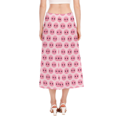 Pink Pig Nose Pattern Print Side Slit Midi Skirt