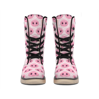 Pink Pig Nose Pattern Print Winter Boots