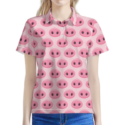 Pink Pig Nose Pattern Print Women's Polo Shirt