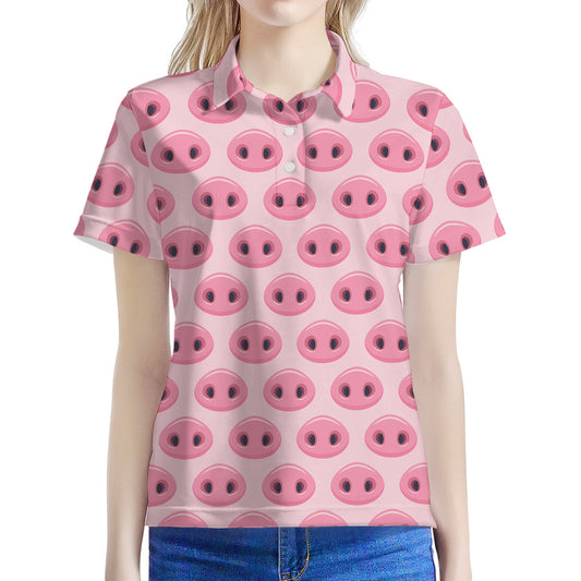 Pink Pig Nose Pattern Print Women's Polo Shirt