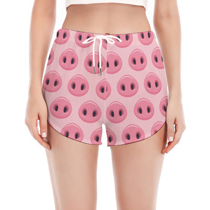 Pink Pig Nose Pattern Print Women's Split Running Shorts