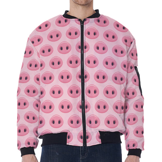 Pink Pig Nose Pattern Print Zip Sleeve Bomber Jacket