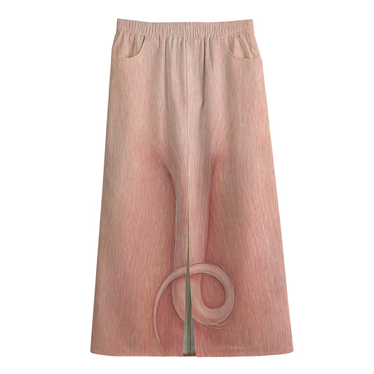 Pink Pig Tail Print Cotton Front Slit Maxi Skirt