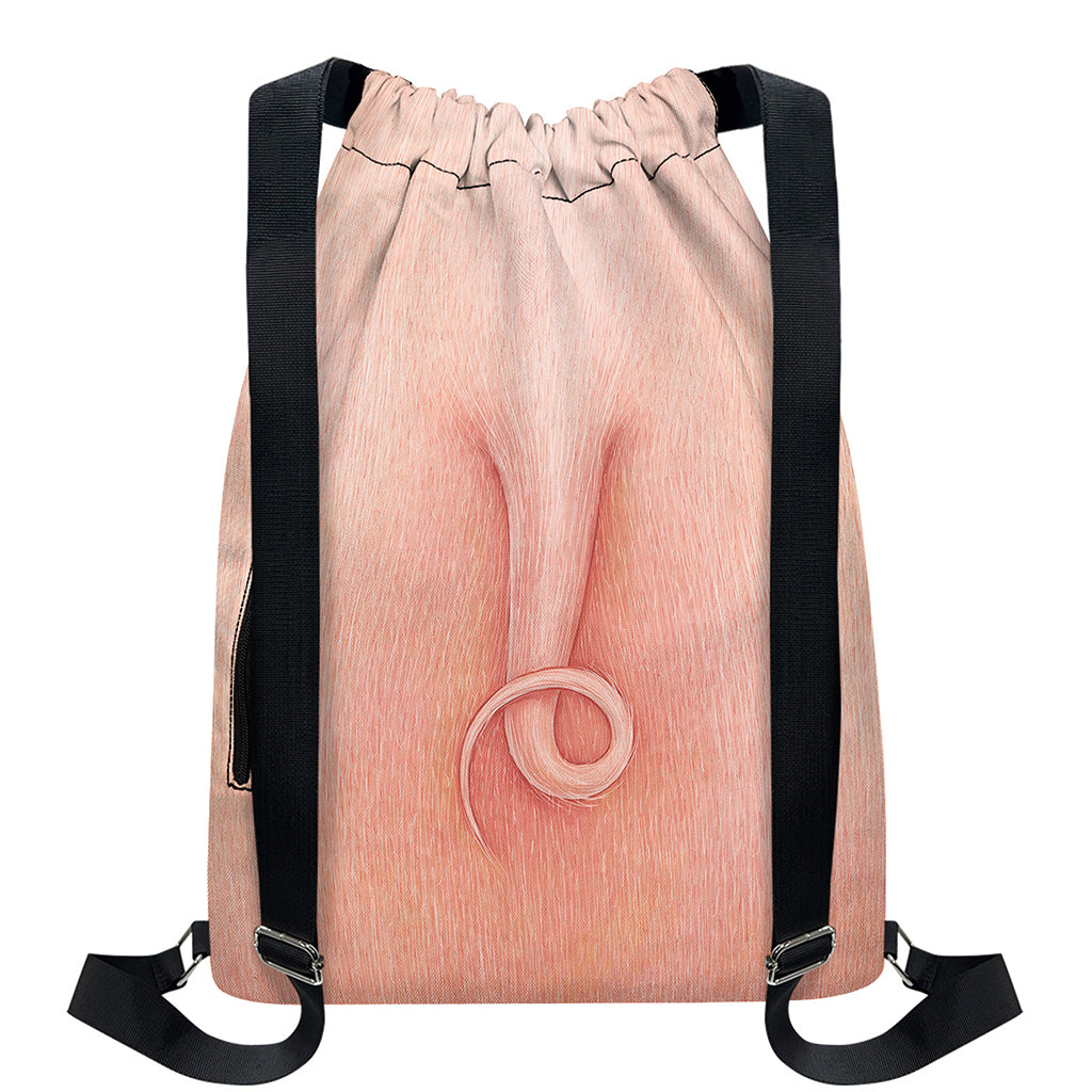 Pink Pig Tail Print Drawstring Backpack