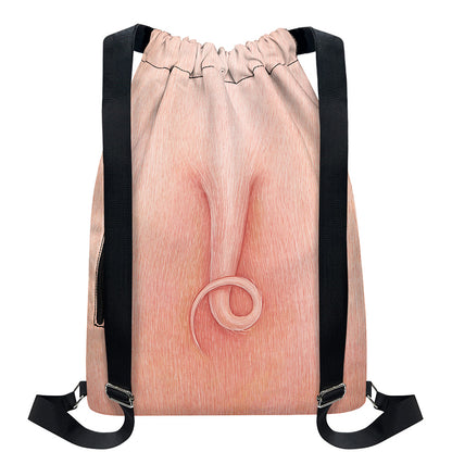 Pink Pig Tail Print Drawstring Backpack