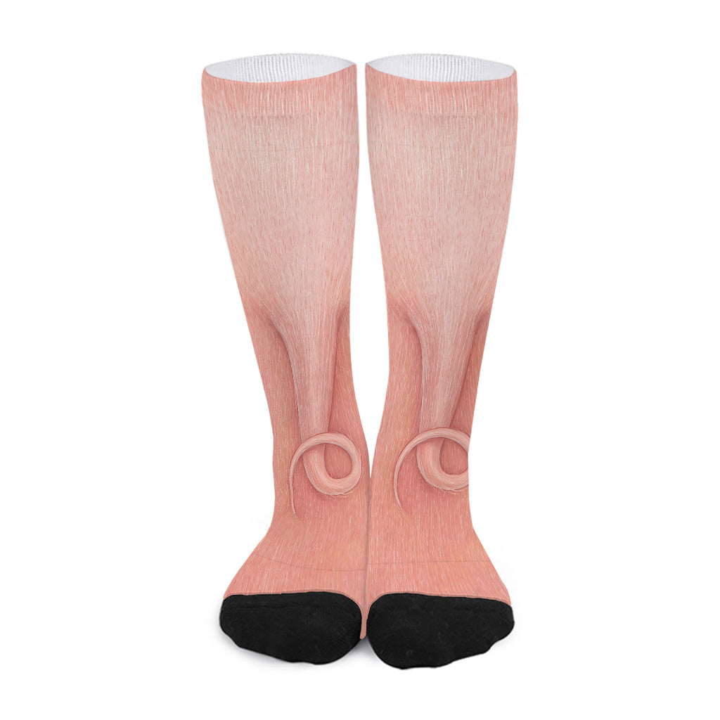Pink Pig Tail Print Long Socks