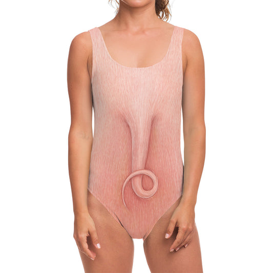 Pink Pig Tail Print One Piece Swimsuit
